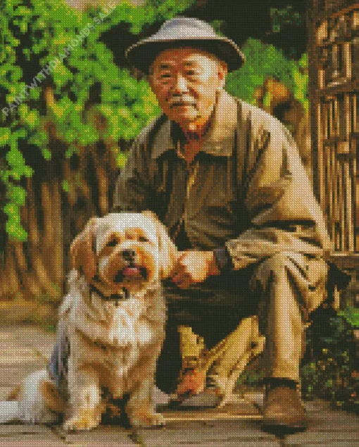 Old Man And Tibetan Terrier Diamond Painting