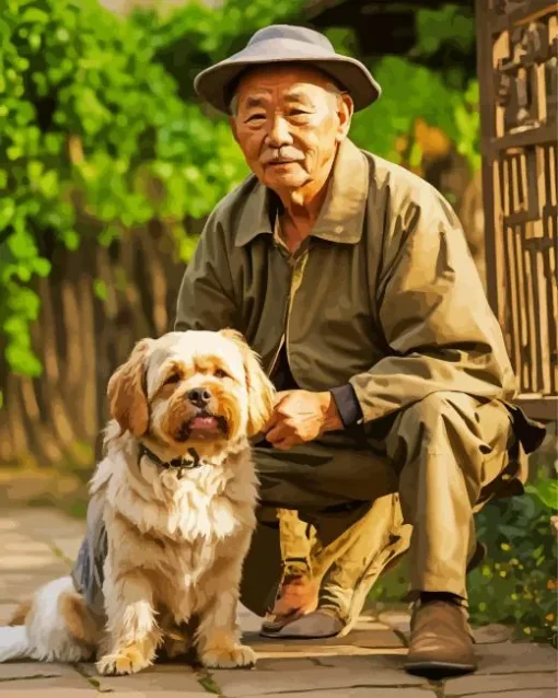 Old Man And Tibetan Terrier Diamond Painting