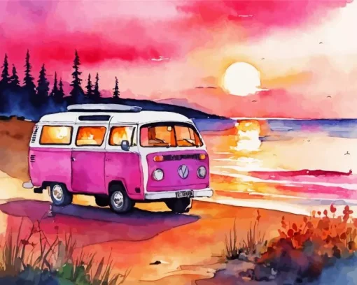 Pink Camper Van Diamond Painting