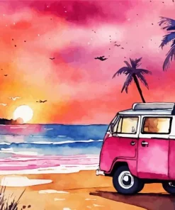 Pink Camper Van In The Beach Diamond Painting