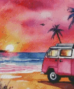 Pink Camper Van In The Beach Diamond Painting