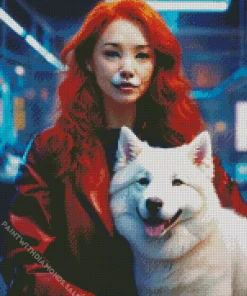 Red Hair Girl With Japanese Spitz Diamond Painting