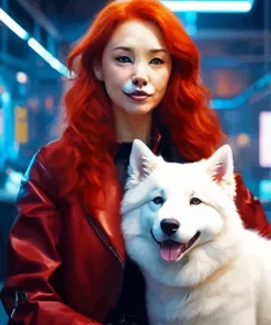 Red Hair Girl With Japanese Spitz Diamond Painting