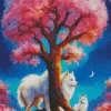 white Japanese Spitz Dogs With Pink Tree Diamond Painting