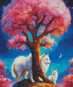 white Japanese Spitz Dogs With Pink Tree Diamond Painting