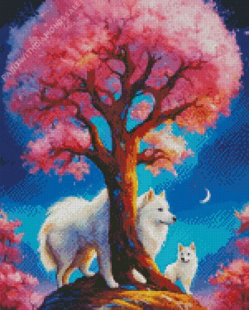 white Japanese Spitz Dogs With Pink Tree Diamond Painting