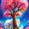 white Japanese Spitz Dogs With Pink Tree Diamond Painting