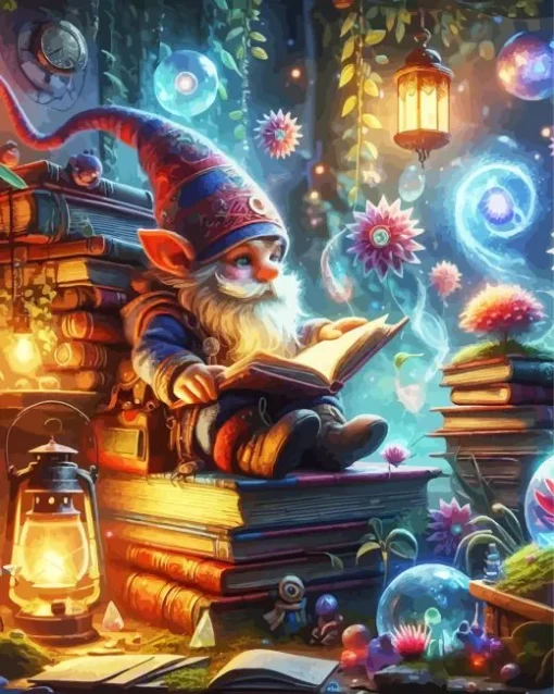 Fantasy Gnome Reading Diamond With Numbers