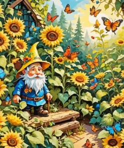 Gnome In Sunflowers Field Diamond With Numbers