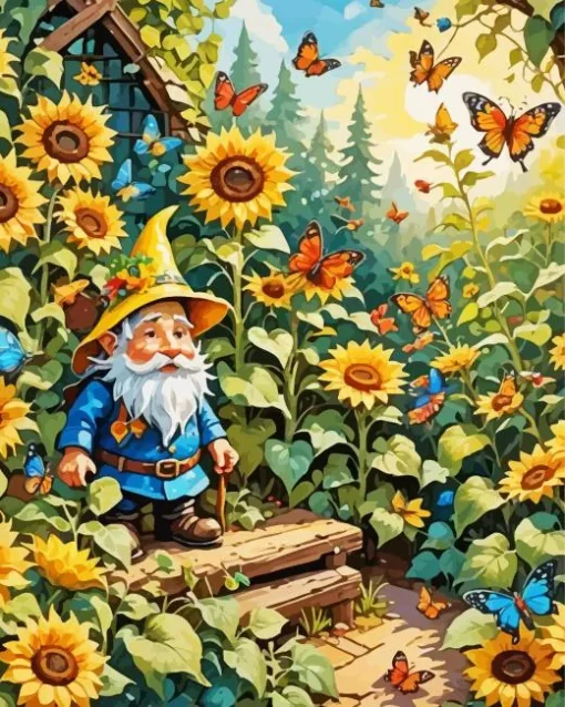 Gnome In Sunflowers Field Diamond With Numbers