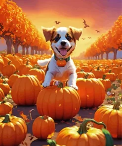 Jack Russell With Pumpkins Diamond Painting