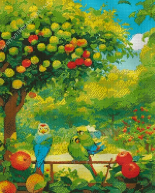 Parakeets With Apple Tree Diamond Painting