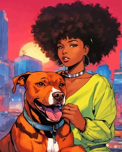 Pit Bull With Afro Girl Diamond Painting