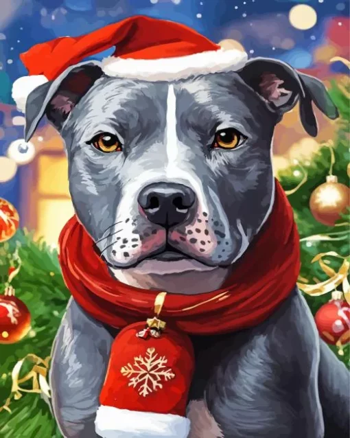 Pit Bull With Santa Hat Diamond Painting