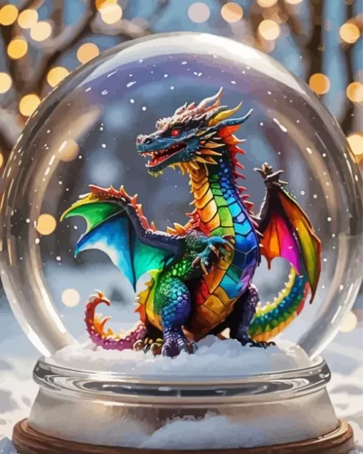 Rainbow dragon in snowglobe Diamond Paintings