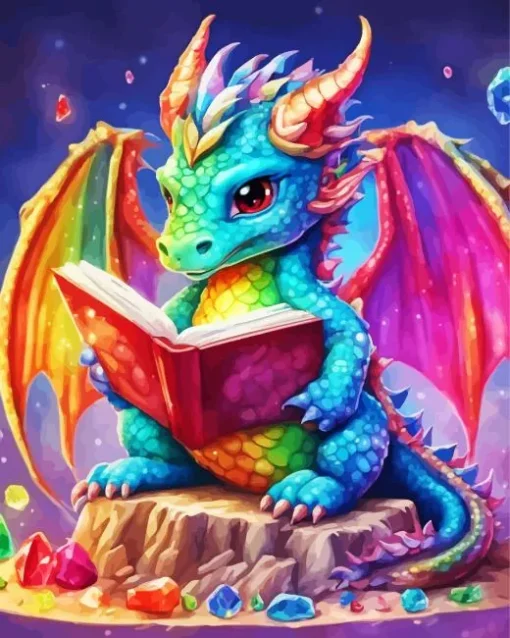 Rainbow dragon reading book Diamond Paintings