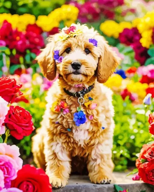 Sheepadoodle With Flowers Diamond Painting