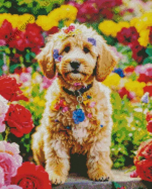 Sheepadoodle With Flowers Diamond Painting