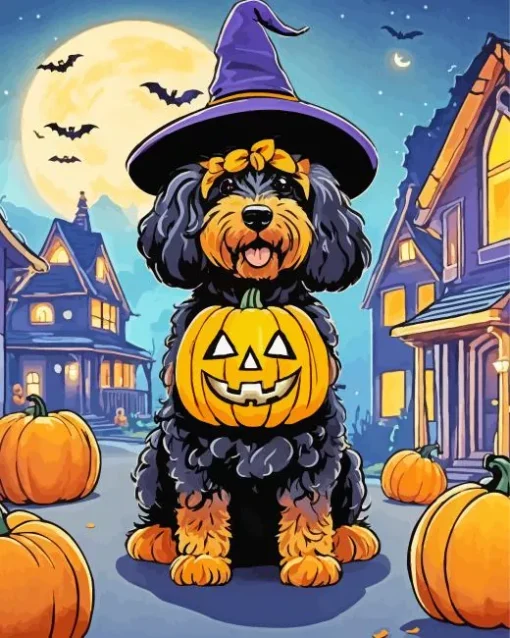 Sheepadoodle With Pumpkins Diamond Painting