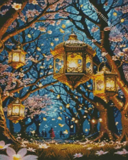 Almond Blossom And Lanterns Diamond Painting