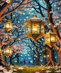 Almond Blossom And Lanterns Diamond Painting