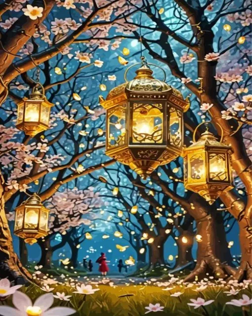 Almond Blossom And Lanterns Diamond Painting