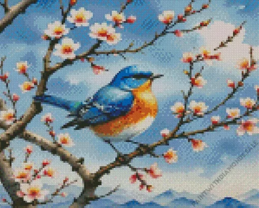 Blue Bird And Almond Blossom Diamond Painting