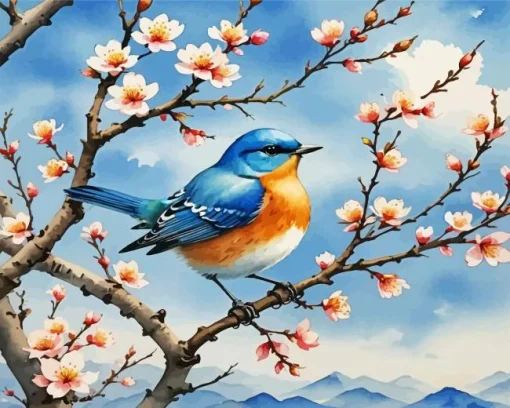 Blue Bird And Almond Blossom Diamond Painting