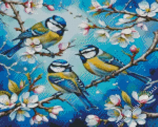 Blue Birds And Almond Blossom Diamond Painting