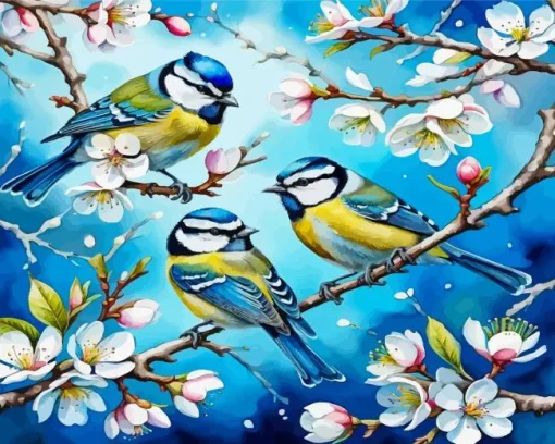 Blue Birds And Almond Blossom Diamond Painting