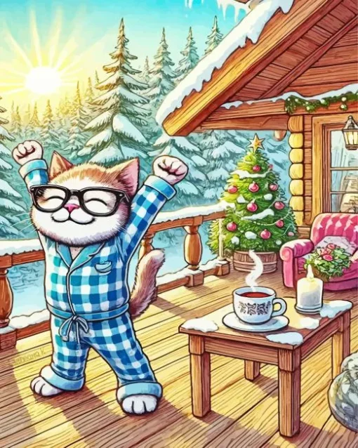 Christmas Morning Happy Cat Diamond Painting