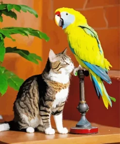 Cute Cat And Parakeet Diamond Painting