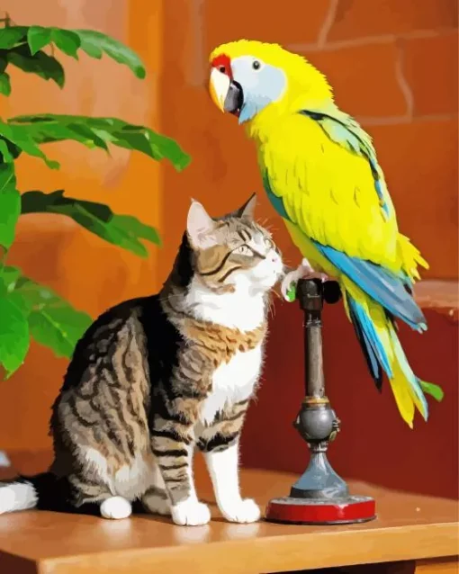 Cute Cat And Parakeet Diamond Painting