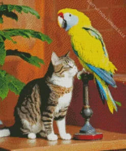 Cute Cat And Parakeet Diamond Painting