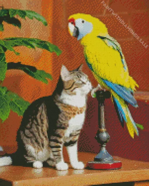 Cute Cat And Parakeet Diamond Painting