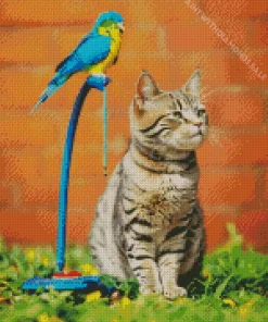 Grey Cat And Parakeet Diamond Painting