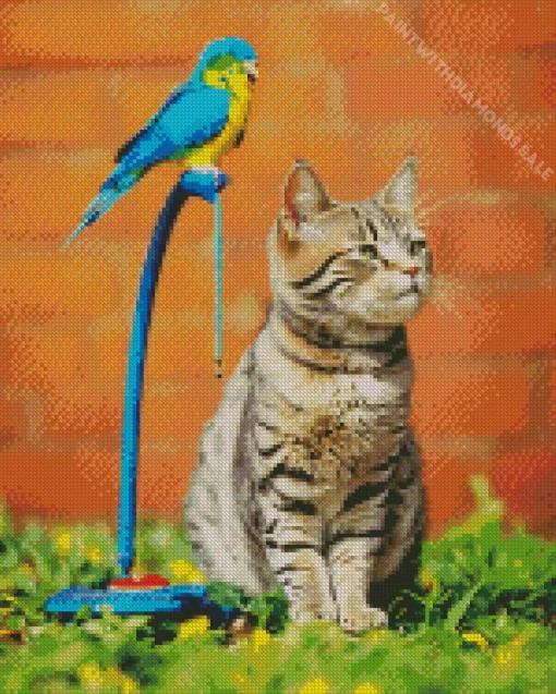 Grey Cat And Parakeet Diamond Painting