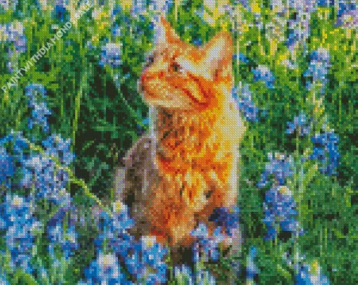 Bluebonnet Field And Cat Diamond Painting