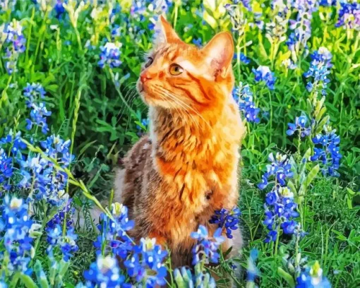 Bluebonnet Field And Cat Diamond Painting