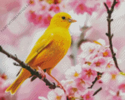 Canary Bird And Cherry Blossoms Diamond Painting