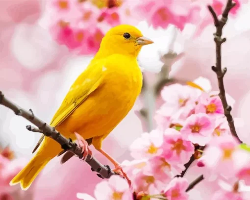 Canary Bird And Cherry Blossoms Diamond Painting