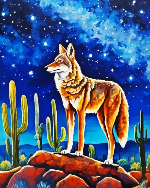 Coyote And Starry Night Diamond Painting