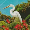 Great Egret And Red Flowers Diamond Painting