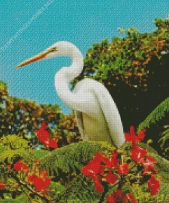 Great Egret And Red Flowers Diamond Painting