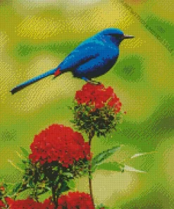 Indigo Bunting And Red Flower Diamond Painting