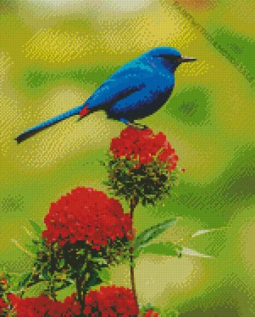 Indigo Bunting And Red Flower Diamond Painting