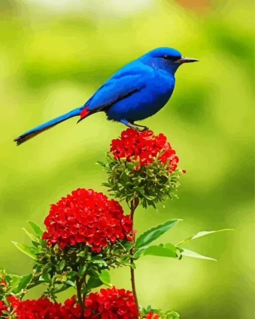 Indigo Bunting And Red Flower Diamond Painting