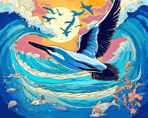 Seagull Above The Dolphins Diamond Painting