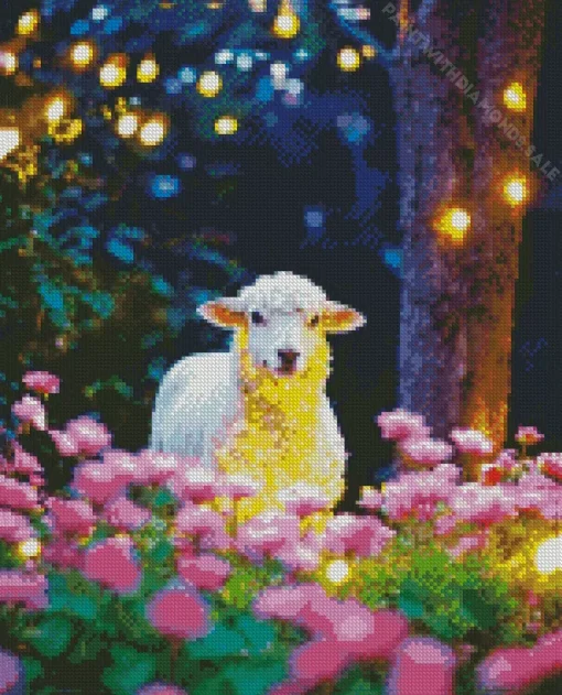 Sheep And Pink Flowers Diamond Painting