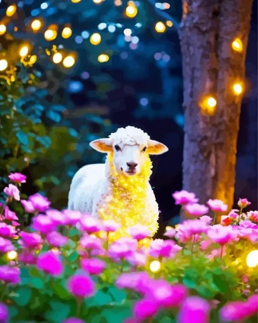 Sheep And Pink Flowers Diamond Painting